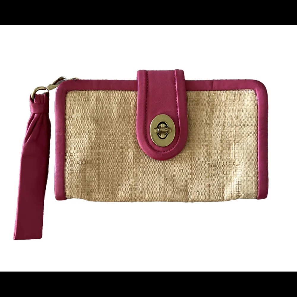 Coach Straw & Pink Leather Large Wristlet Wallet L0868-42474